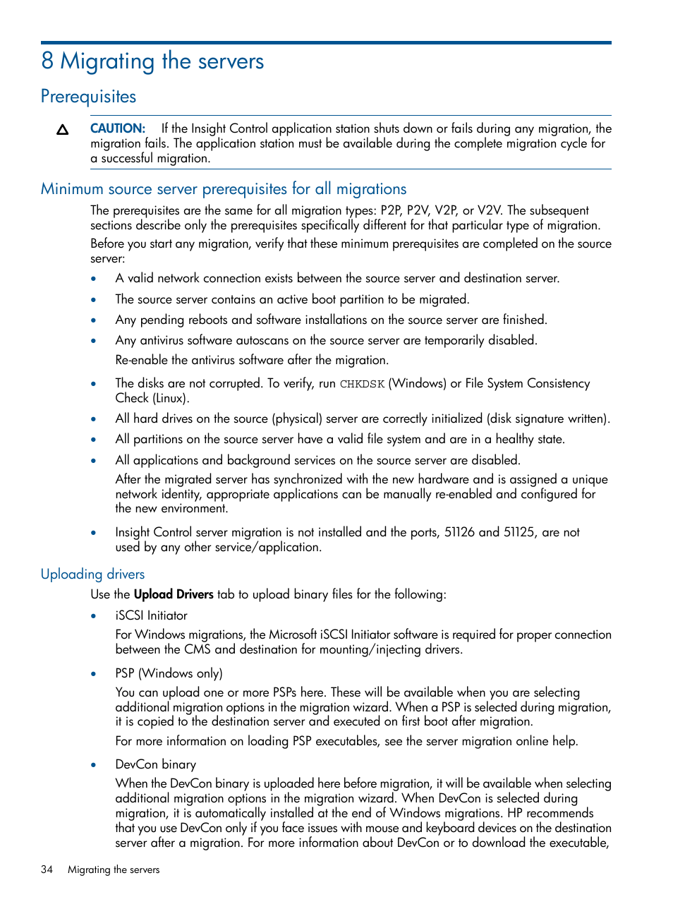 8 migrating the servers, Prerequisites, Uploading drivers | HP Insight Control User Manual | Page 34 / 82