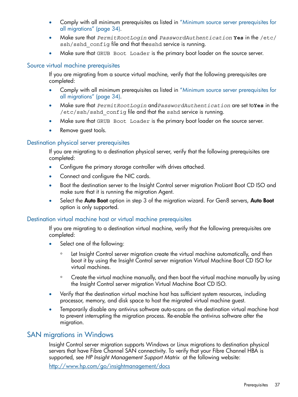 Source virtual machine prerequisites, Destination physical server prerequisites, San migrations in windows | HP Insight Control User Manual | Page 37 / 82