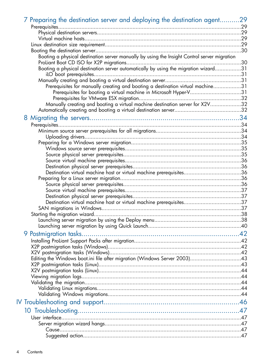 8 migrating the servers, 9 postmigration tasks, Iv troubleshooting and support 10 troubleshooting | HP Insight Control User Manual | Page 4 / 82