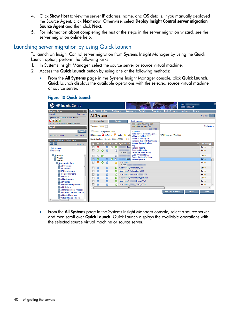 Launching server migration by using quick launch | HP Insight Control User Manual | Page 40 / 82