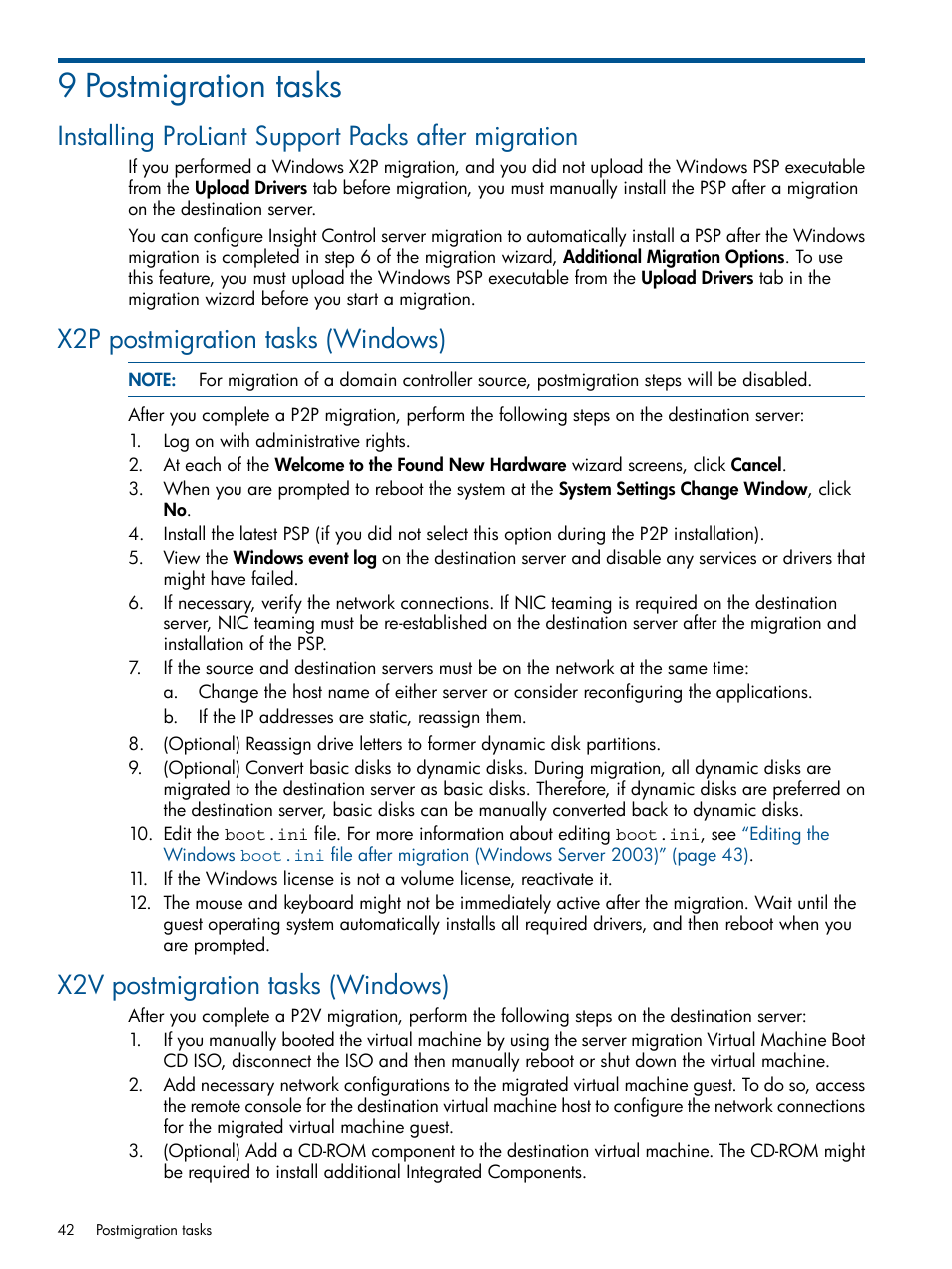 9 postmigration tasks, Installing proliant support packs after migration, X2p postmigration tasks (windows) | X2v postmigration tasks (windows) | HP Insight Control User Manual | Page 42 / 82