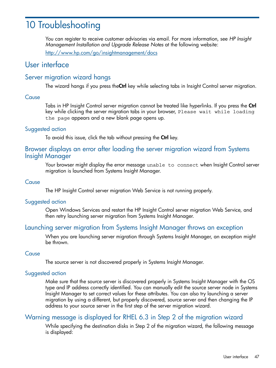 10 troubleshooting, User interface, Server migration wizard hangs | Cause, Suggested action, Cause suggested action | HP Insight Control User Manual | Page 47 / 82