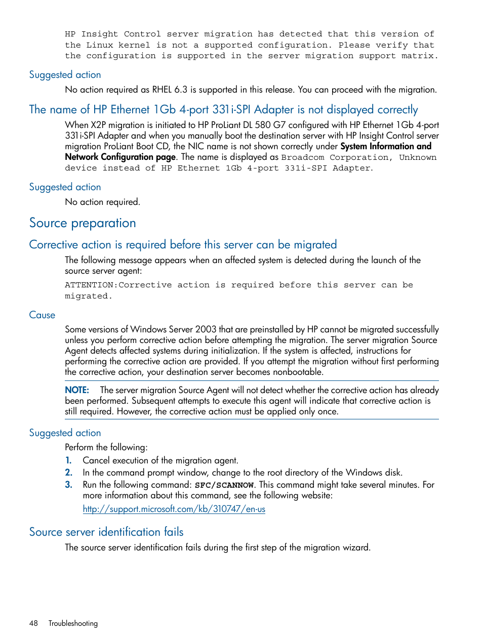 Suggested action, Source preparation, Cause | Source server identification fails, Cause suggested action | HP Insight Control User Manual | Page 48 / 82