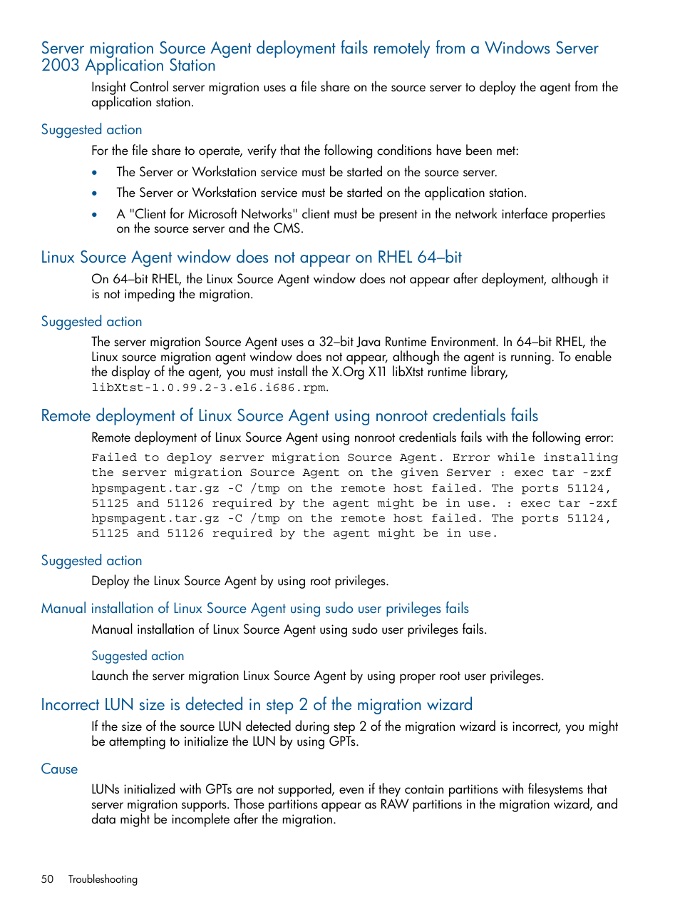 Suggested action, Cause | HP Insight Control User Manual | Page 50 / 82