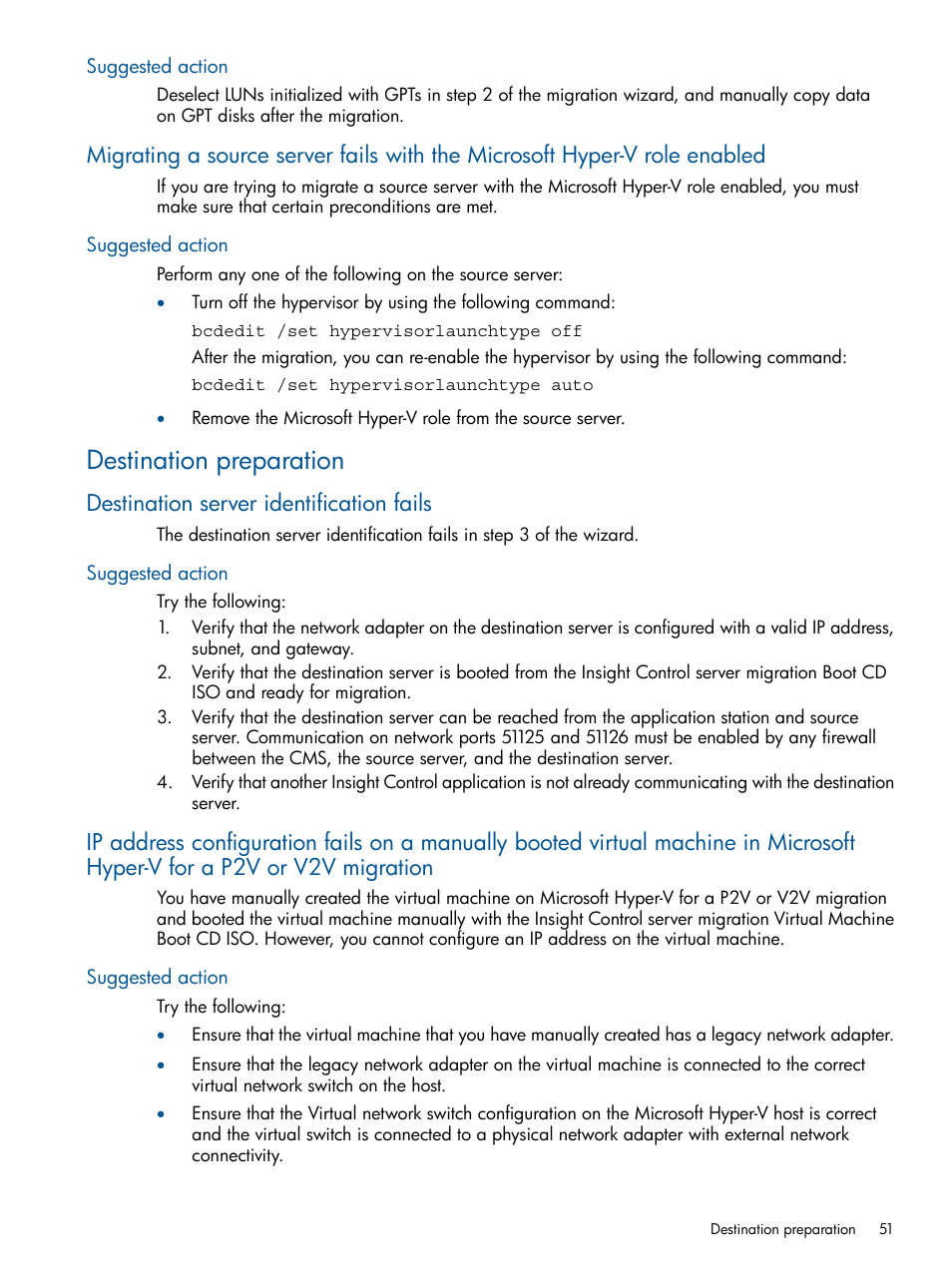 Suggested action, Destination preparation, Destination server identification fails | HP Insight Control User Manual | Page 51 / 82