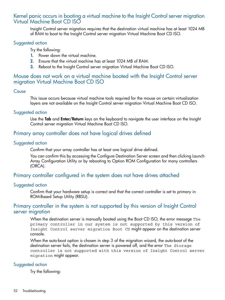 Suggested action, Cause, Cause suggested action | HP Insight Control User Manual | Page 52 / 82