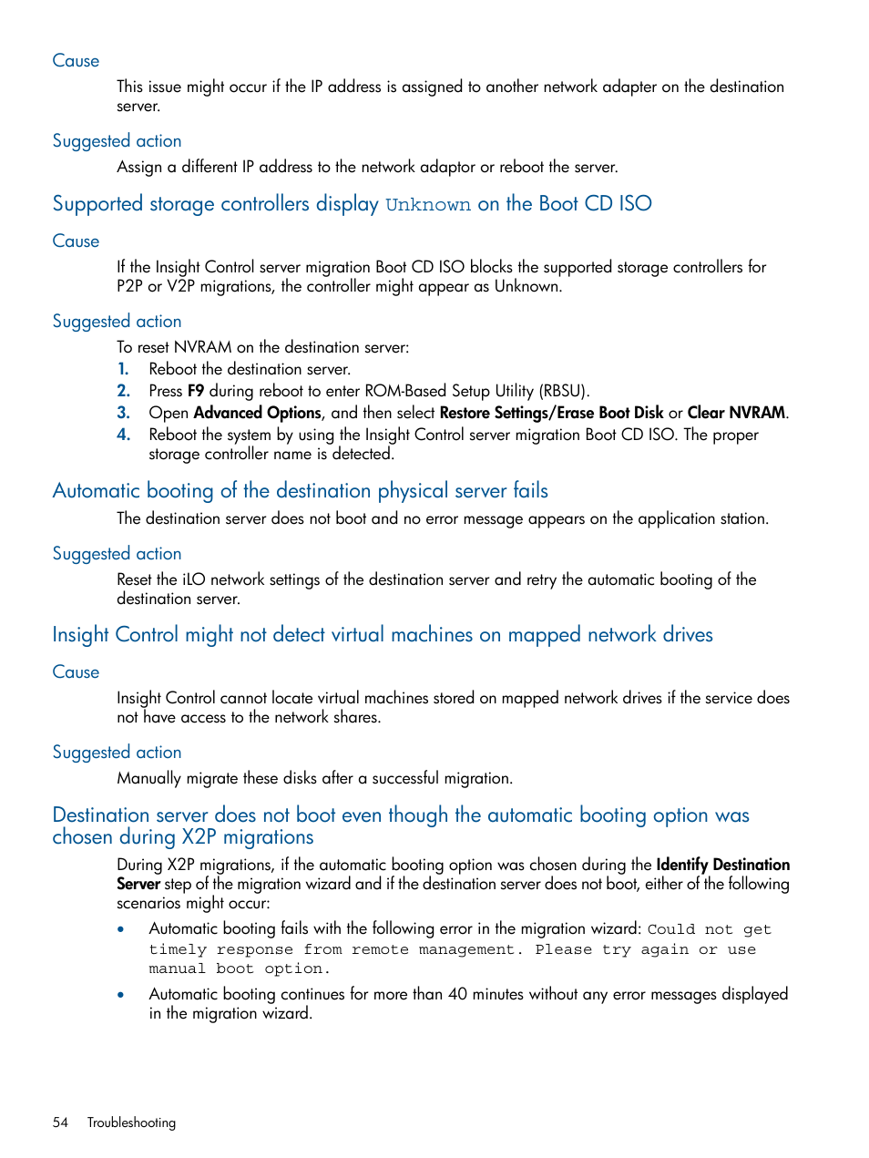 Cause, Suggested action, Cause suggested action | HP Insight Control User Manual | Page 54 / 82