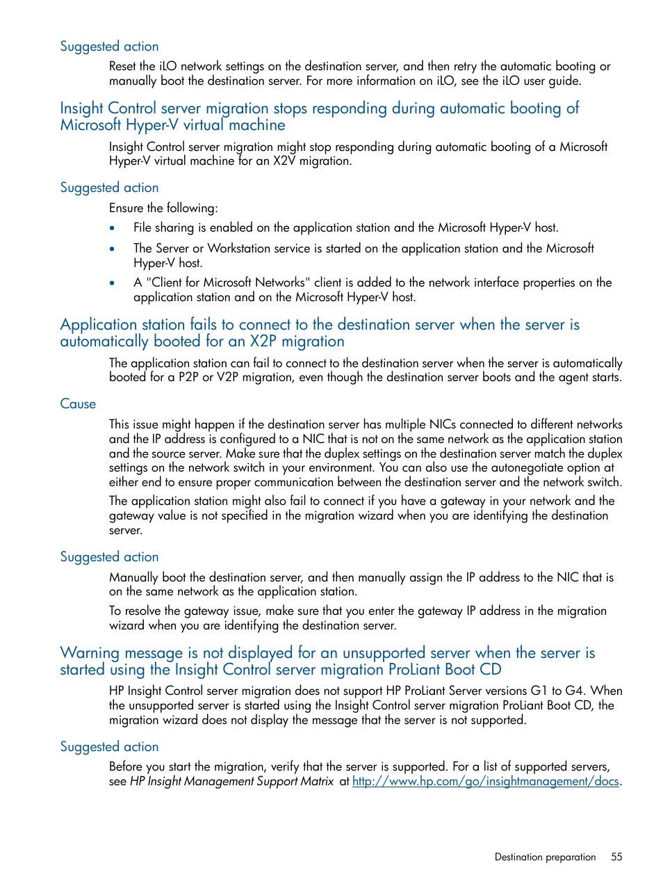 Suggested action, Cause, Cause suggested action | HP Insight Control User Manual | Page 55 / 82