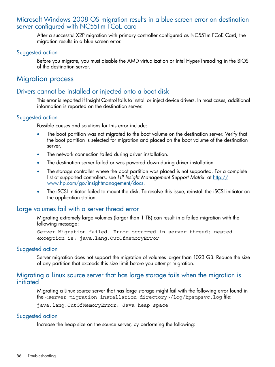 Suggested action, Migration process, Large volumes fail with a server thread error | HP Insight Control User Manual | Page 56 / 82
