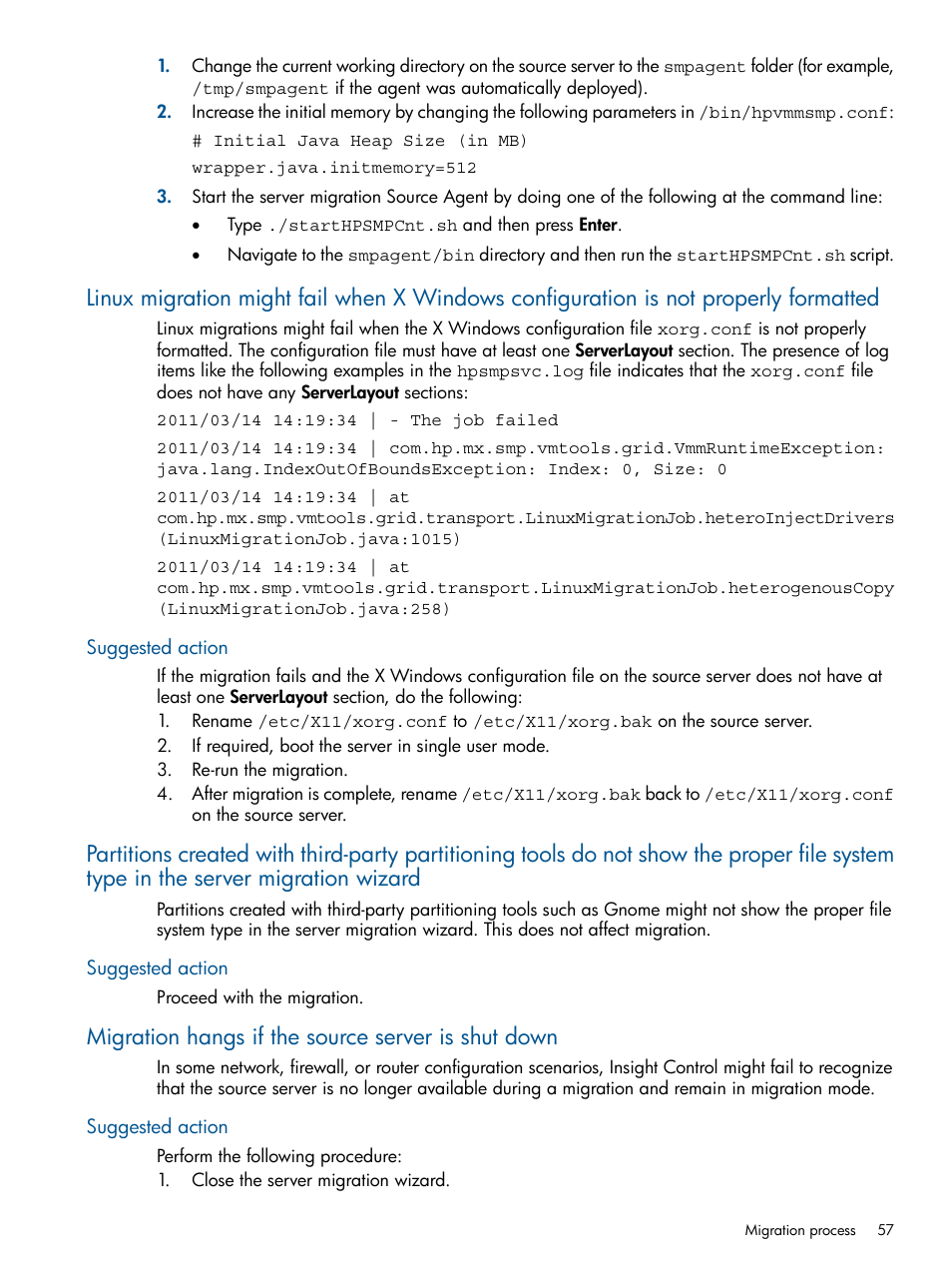 Suggested action, Migration hangs if the source server is shut down | HP Insight Control User Manual | Page 57 / 82