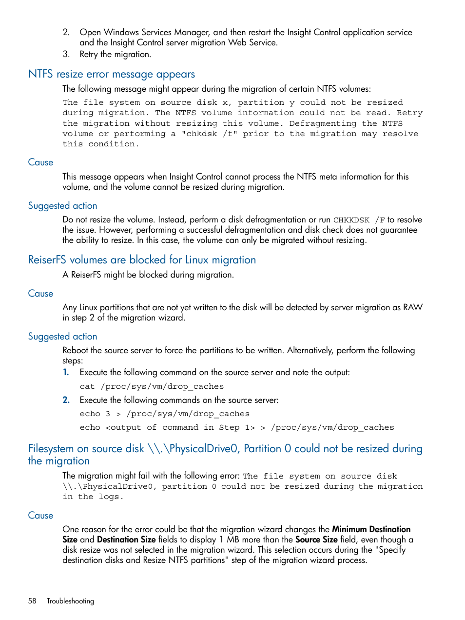 Ntfs resize error message appears, Cause, Suggested action | Reiserfs volumes are blocked for linux migration, Cause suggested action | HP Insight Control User Manual | Page 58 / 82