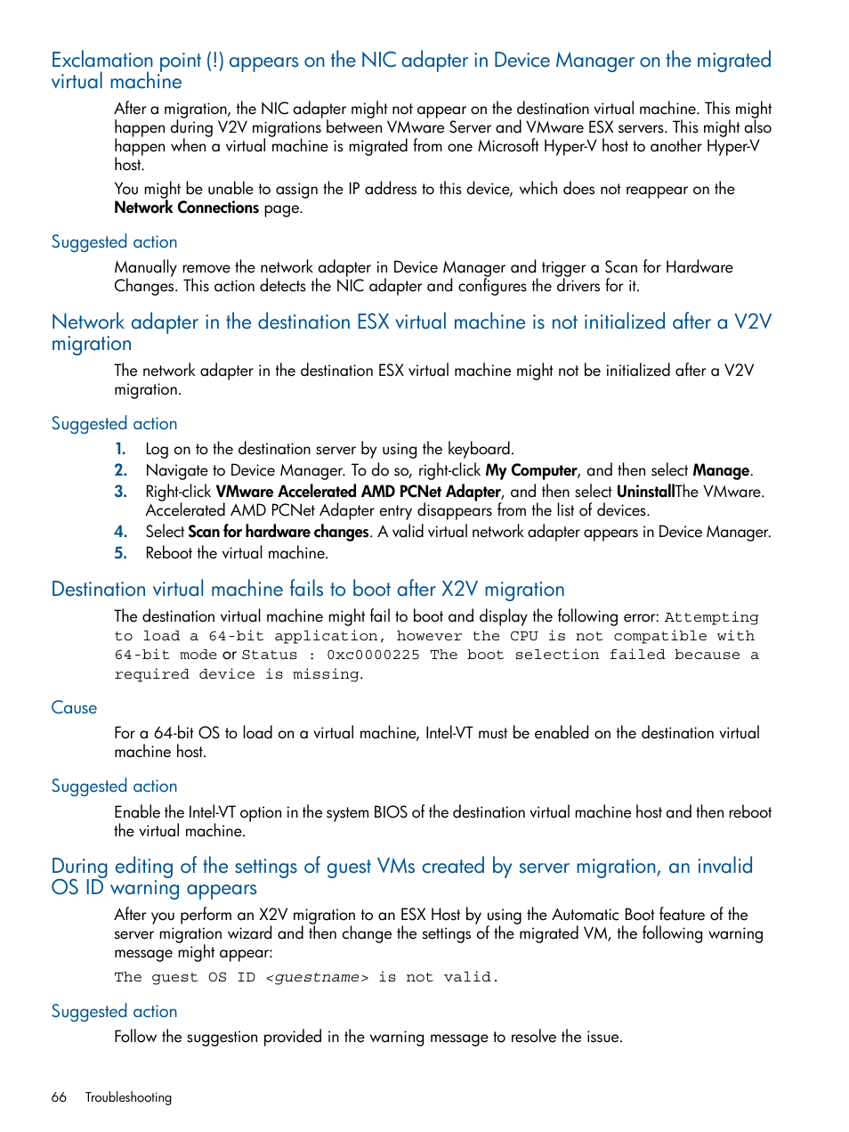 Suggested action, Cause, Cause suggested action | HP Insight Control User Manual | Page 66 / 82