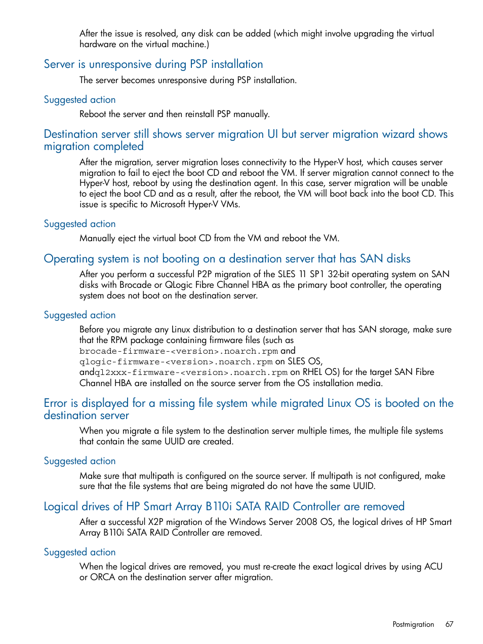 Server is unresponsive during psp installation, Suggested action | HP Insight Control User Manual | Page 67 / 82