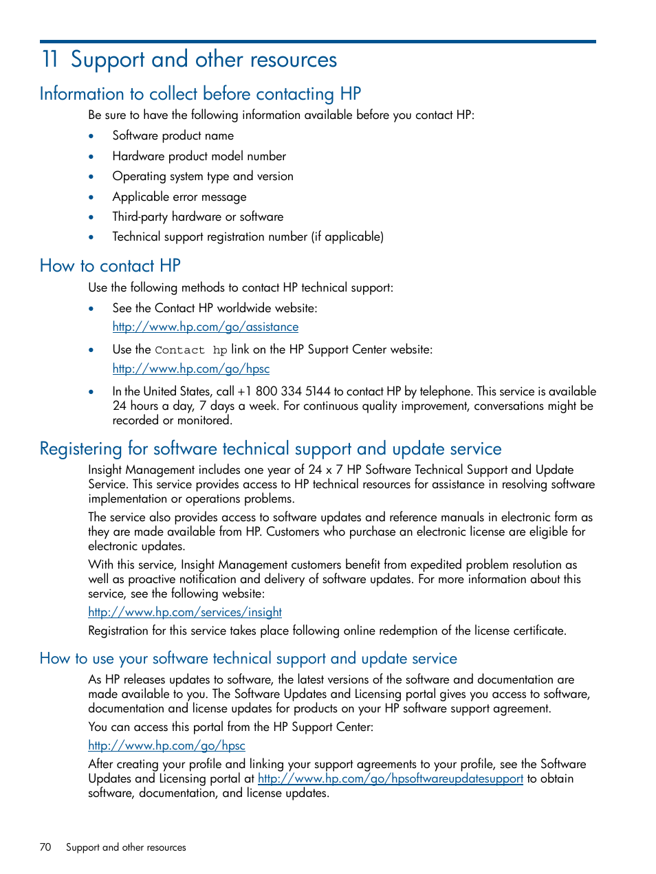 11 support and other resources, Information to collect before contacting hp, How to contact hp | HP Insight Control User Manual | Page 70 / 82