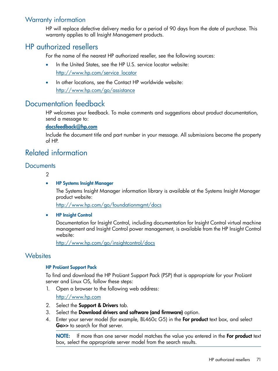 Warranty information, Hp authorized resellers, Documentation feedback | Related information, Documents, Websites, Documents websites | HP Insight Control User Manual | Page 71 / 82