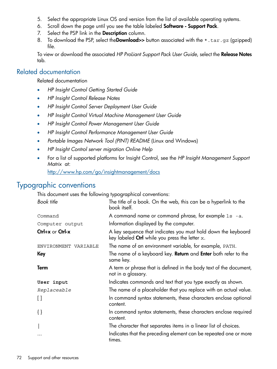 Related documentation, Typographic conventions | HP Insight Control User Manual | Page 72 / 82