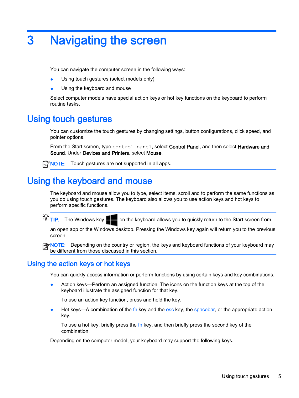 Navigating the screen, Using touch gestures, Using the keyboard and mouse | Using the action keys or hot keys, 3 navigating the screen, Using touch gestures using the keyboard and mouse, 3navigating the screen | HP 18-5021 All-in-One Desktop PC User Manual | Page 11 / 33