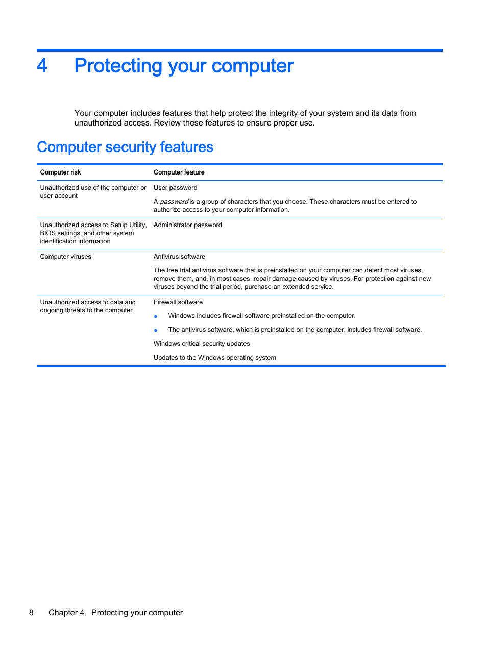 Protecting your computer, Computer security features, 4 protecting your computer | 4protecting your computer | HP 18-5021 All-in-One Desktop PC User Manual | Page 14 / 33