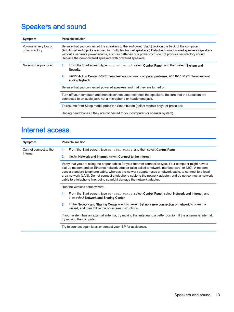 Speakers and sound, Internet access, Speakers and sound internet access | HP 18-5021 All-in-One Desktop PC User Manual | Page 19 / 33