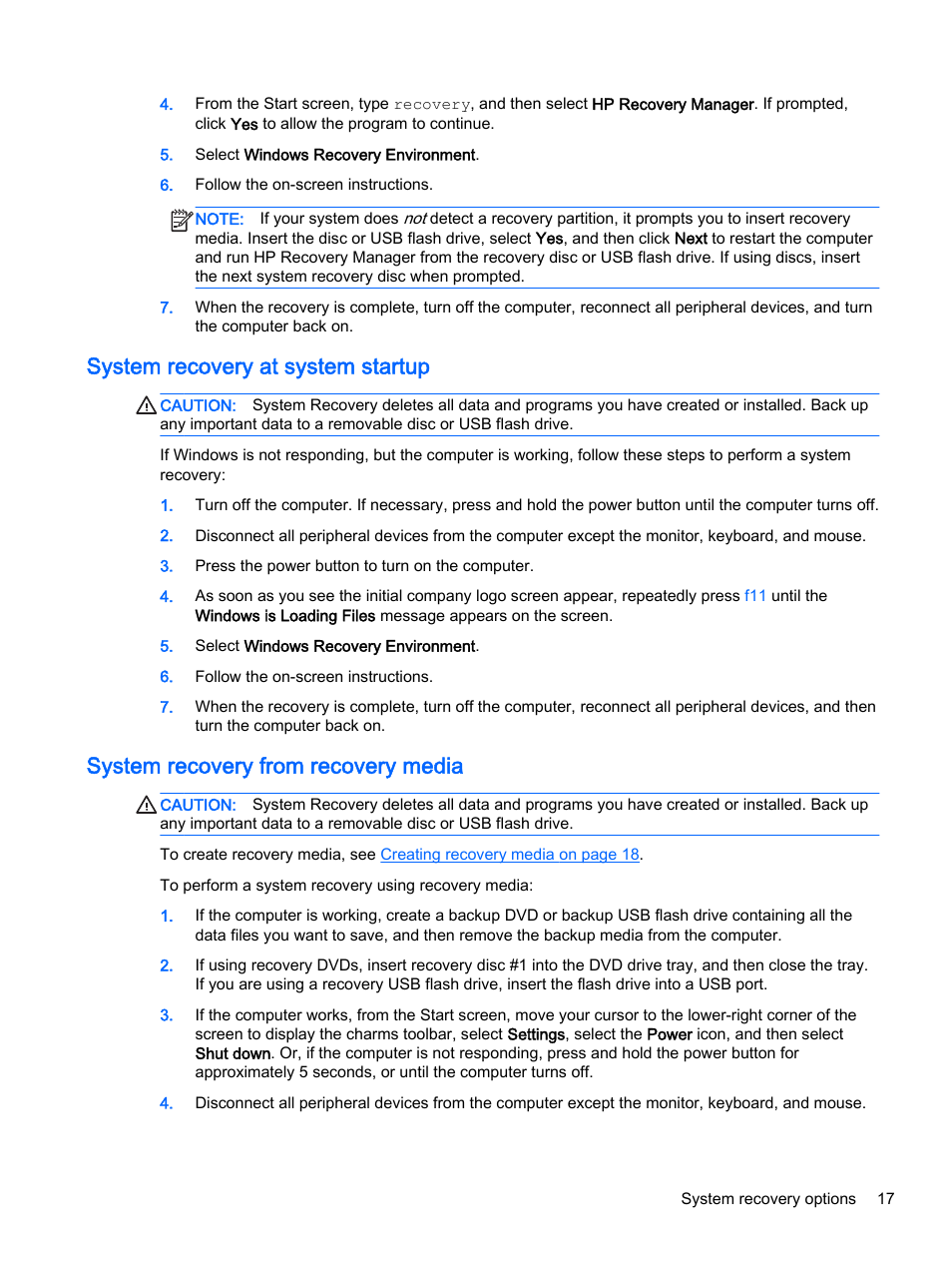 System recovery at system startup, System recovery from recovery media | HP 18-5021 All-in-One Desktop PC User Manual | Page 23 / 33