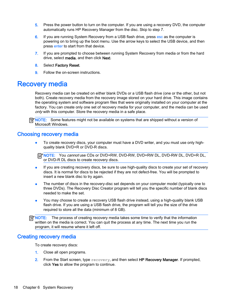 Recovery media, Choosing recovery media, Creating recovery media | Creating recovery | HP 18-5021 All-in-One Desktop PC User Manual | Page 24 / 33