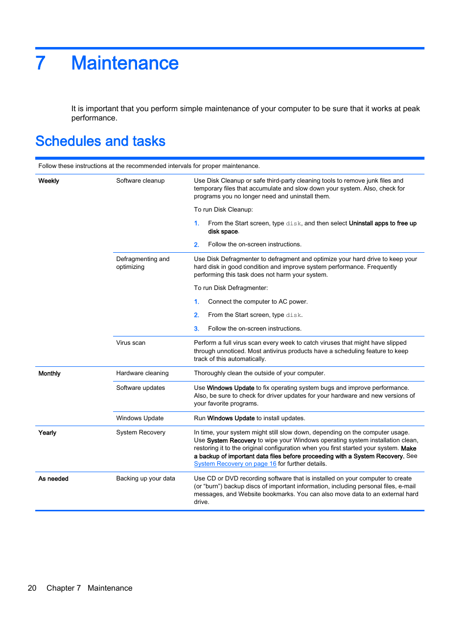 Maintenance, Schedules and tasks, 7 maintenance | 7maintenance | HP 18-5021 All-in-One Desktop PC User Manual | Page 26 / 33