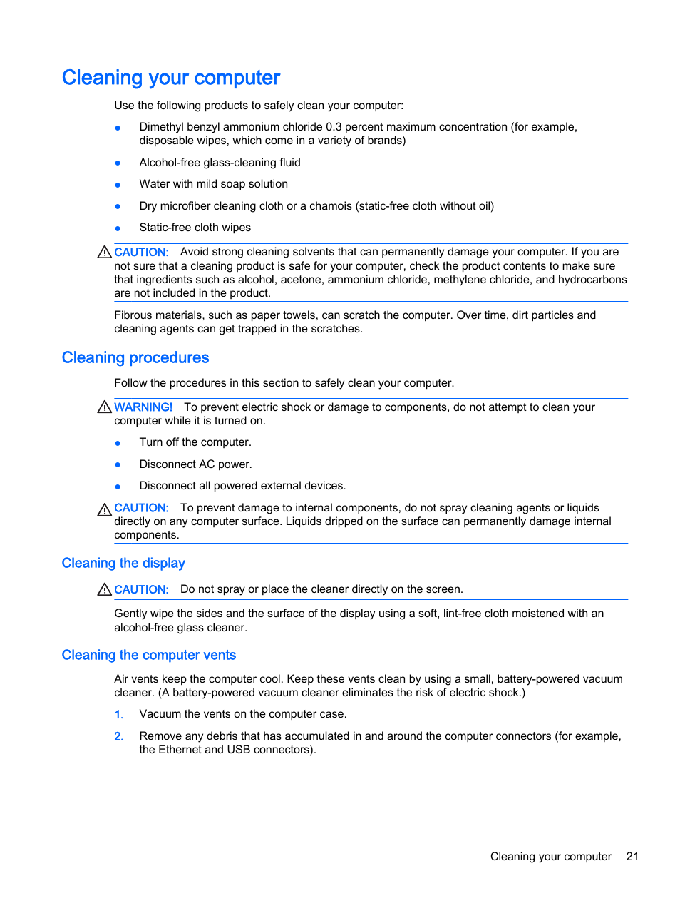 Cleaning your computer, Cleaning procedures, Cleaning the display | Cleaning the computer vents | HP 18-5021 All-in-One Desktop PC User Manual | Page 27 / 33