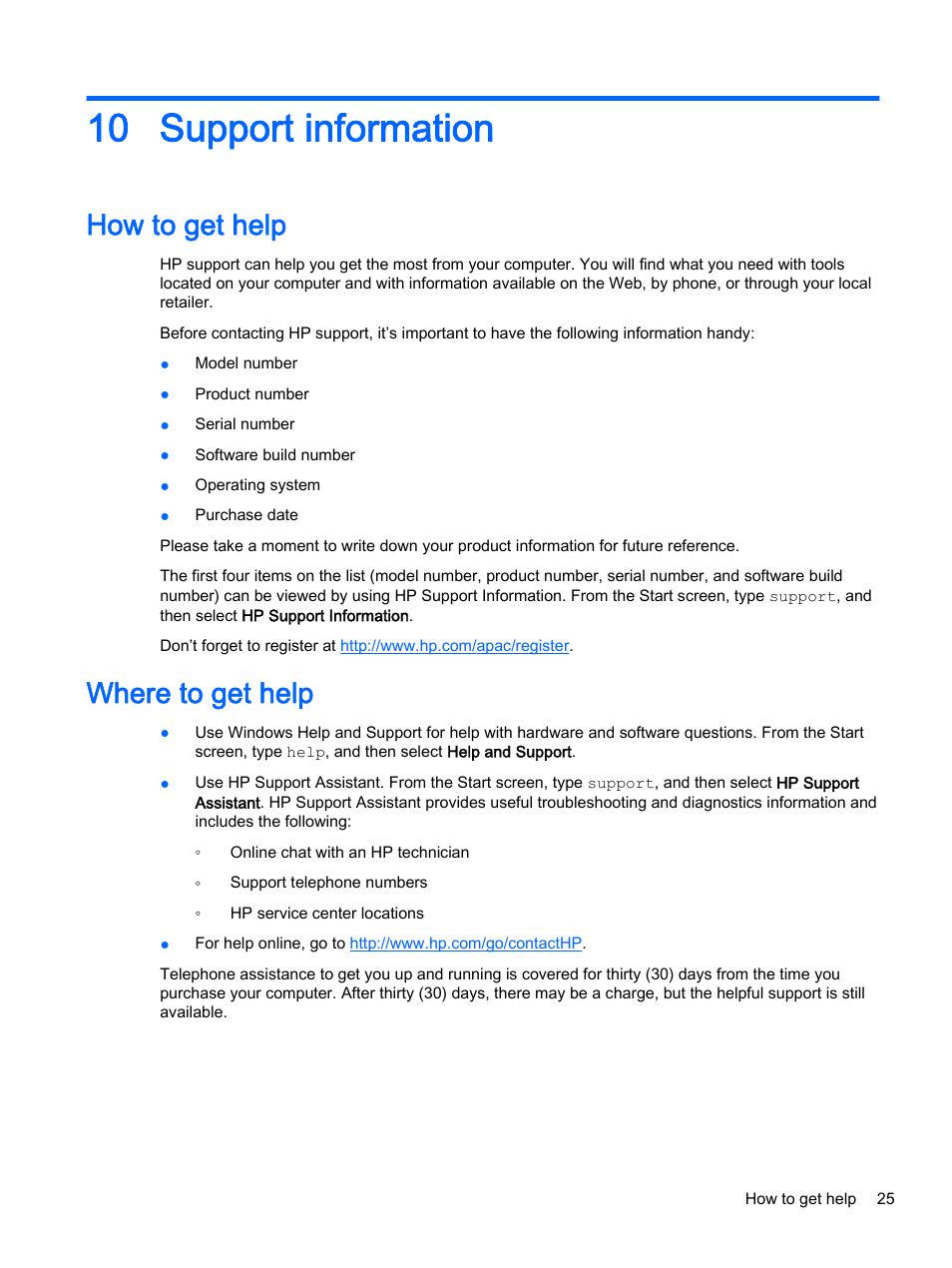 Support information, How to get help, Where to get help | 10 support information, How to get help where to get help | HP 18-5021 All-in-One Desktop PC User Manual | Page 31 / 33