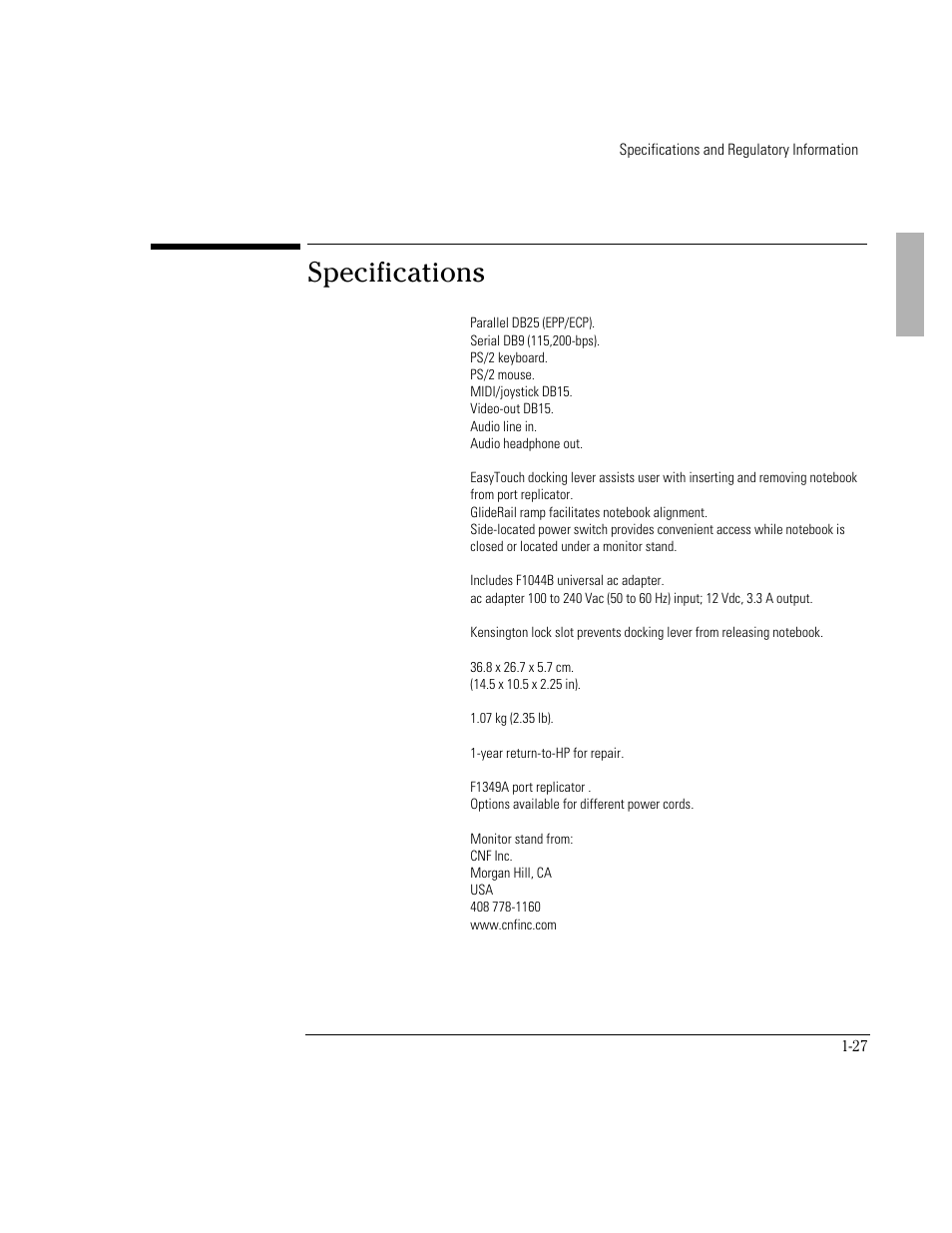 Specifications | HP OmniBook 2000 Notebook PC User Manual | Page 27 / 32