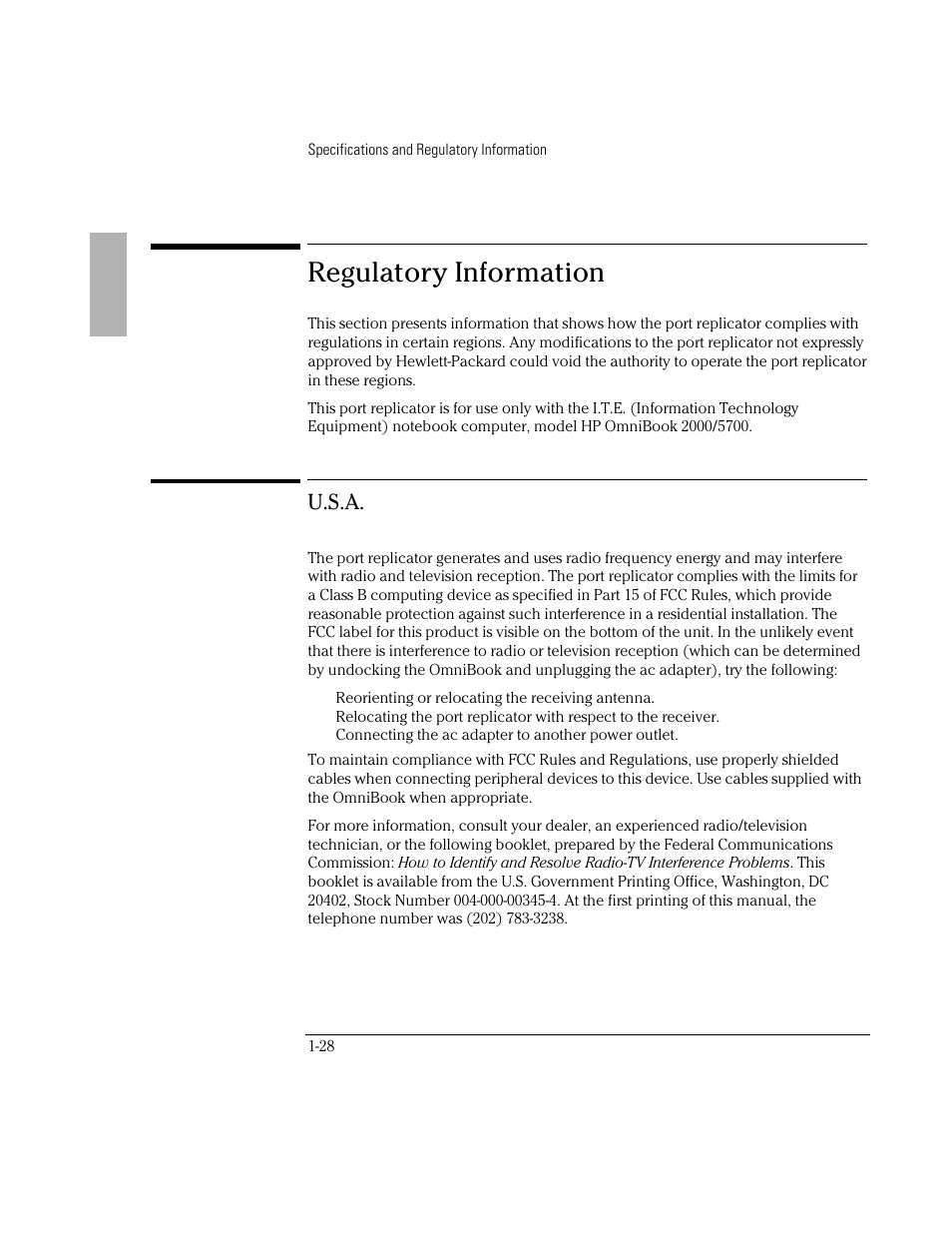 Regulatory information, U.s.a | HP OmniBook 2000 Notebook PC User Manual | Page 28 / 32