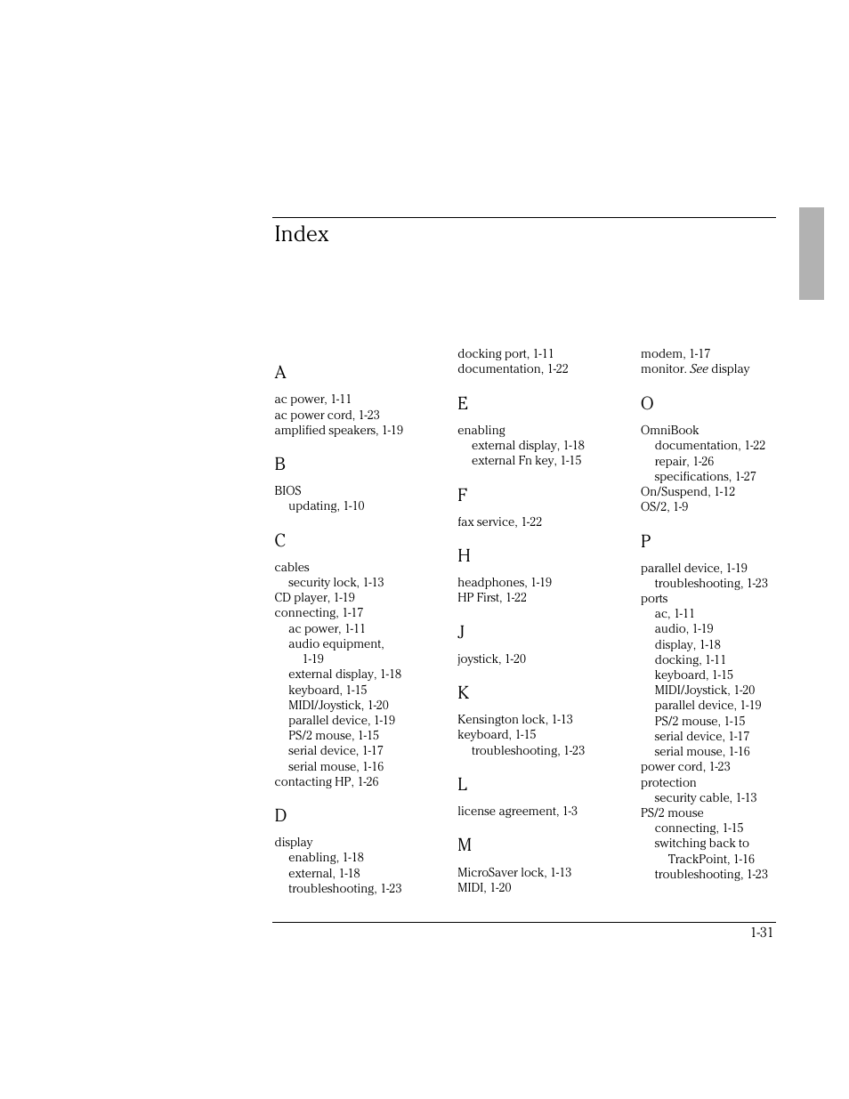 Index | HP OmniBook 2000 Notebook PC User Manual | Page 31 / 32