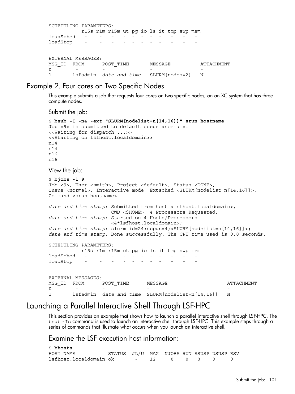 Example 2. four cores on two specific nodes, Examine the lsf execution host information | HP XC System 3.x Software User Manual | Page 101 / 118