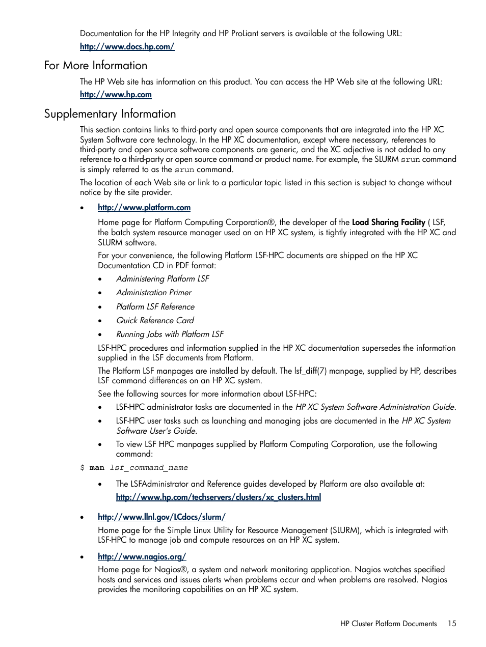 For more information, Supplementary information, For more information supplementary information | HP XC System 3.x Software User Manual | Page 15 / 118