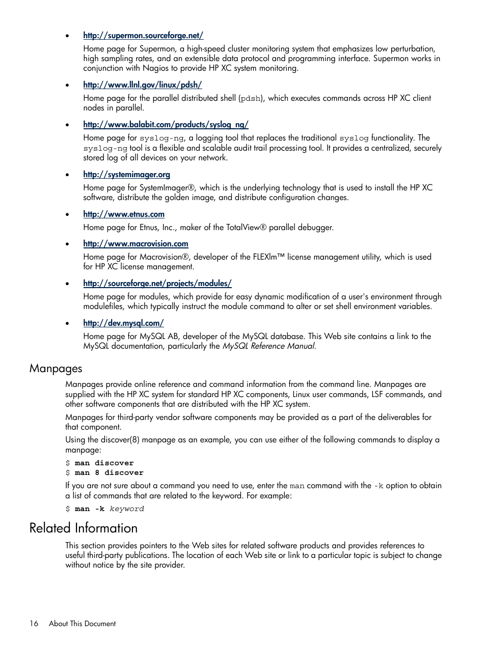 Related information, Manpages | HP XC System 3.x Software User Manual | Page 16 / 118