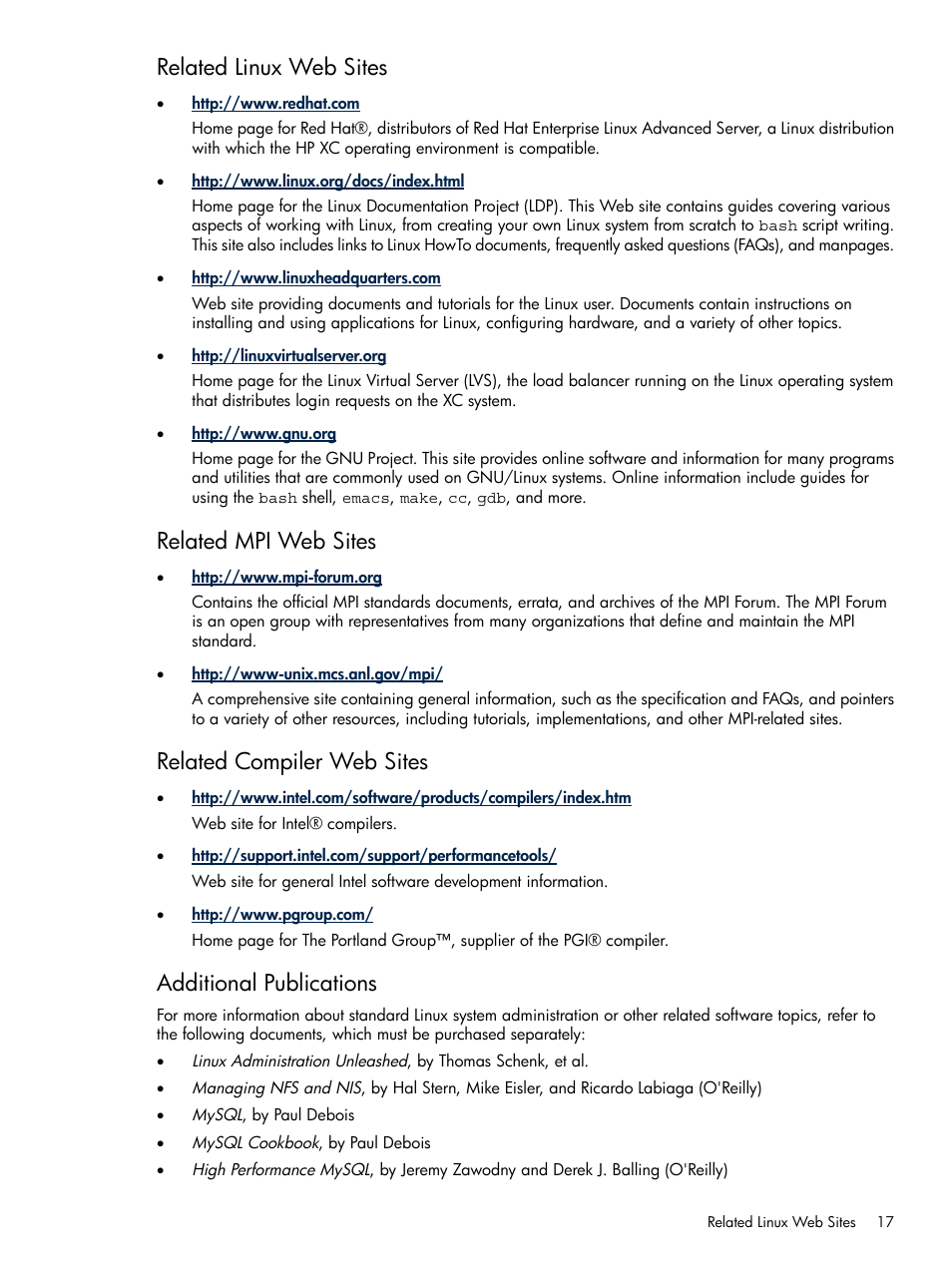 Related linux web sites, Related mpi web sites, Related compiler web sites | Additional publications | HP XC System 3.x Software User Manual | Page 17 / 118