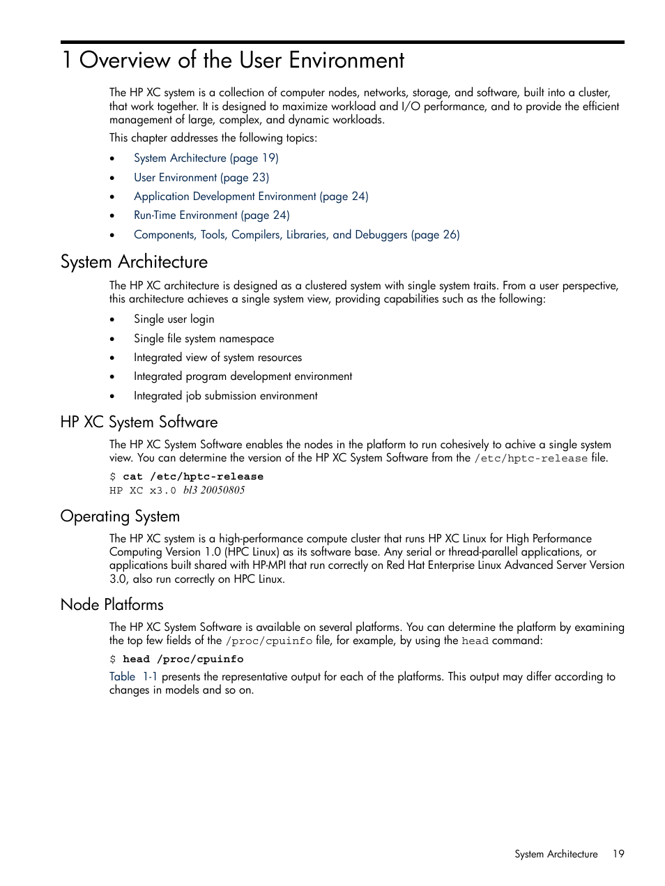 1 overview of the user environment, System architecture, Hp xc system software | Operating system, Node platforms | HP XC System 3.x Software User Manual | Page 19 / 118