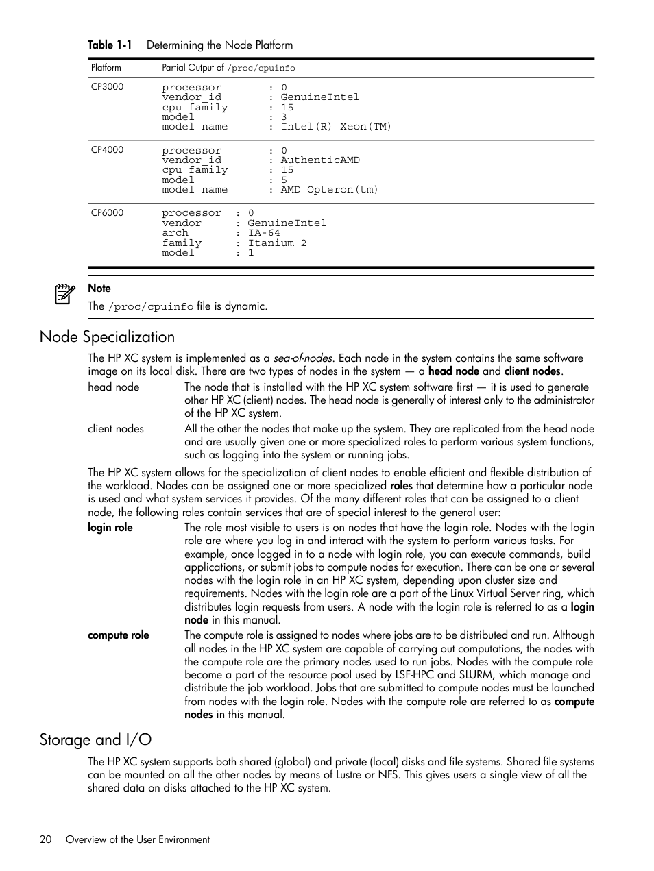 Node specialization, Storage and i/o, Node specialization storage and i/o | 1 determining the node platform, Table 1-1 | HP XC System 3.x Software User Manual | Page 20 / 118