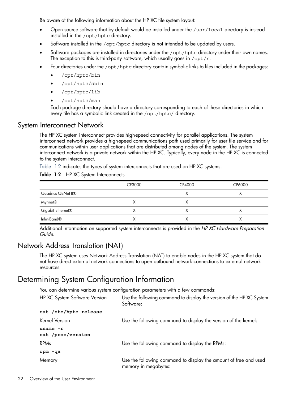 System interconnect network, Network address translation (nat), Determining system configuration information | 2 hp xc system interconnects | HP XC System 3.x Software User Manual | Page 22 / 118