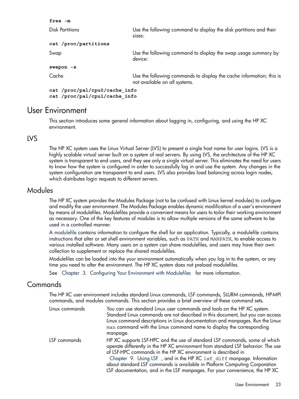 User environment, Modules, Commands | Lvs modules commands | HP XC System 3.x Software User Manual | Page 23 / 118