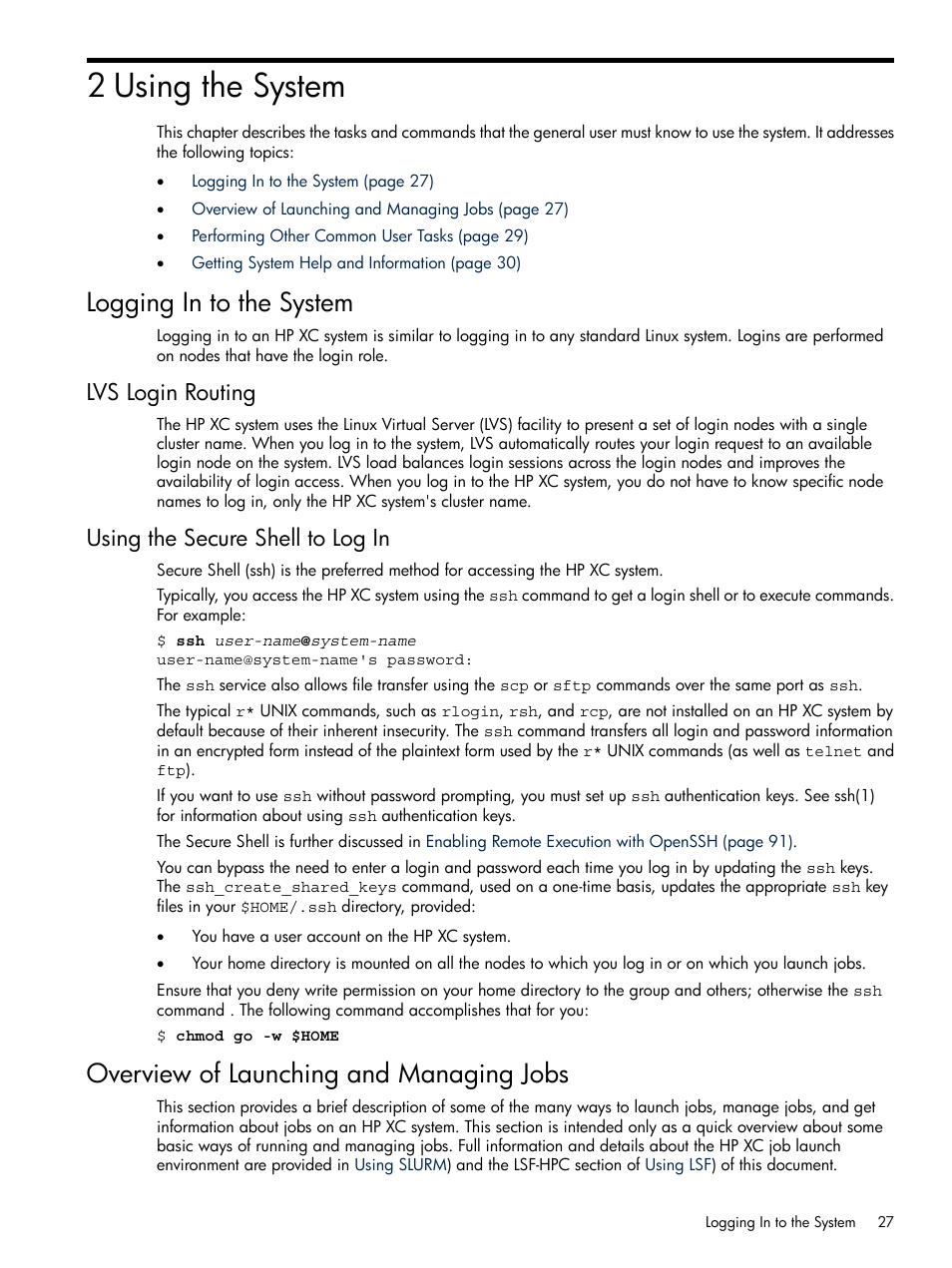 2 using the system, Logging in to the system, Lvs login routing | Using the secure shell to log in, Overview of launching and managing jobs, Lvs login routing using the secure shell to log in | HP XC System 3.x Software User Manual | Page 27 / 118