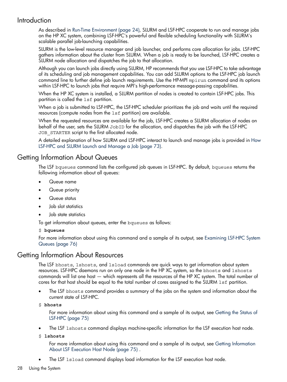 Introduction, Getting information about queues, Getting information about resources | HP XC System 3.x Software User Manual | Page 28 / 118