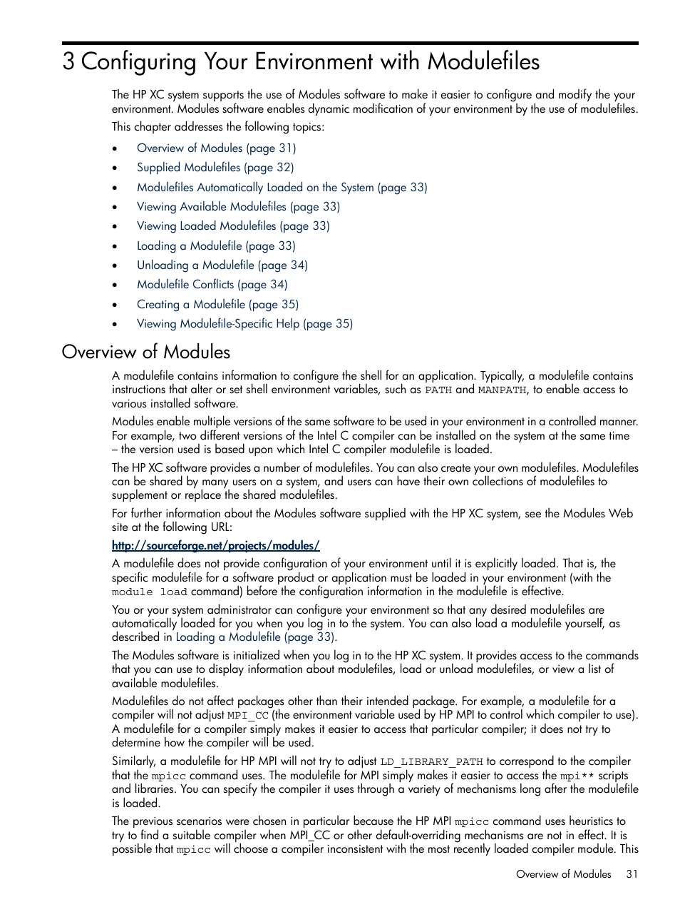 3 configuring your environment with modulefiles, Overview of modules | HP XC System 3.x Software User Manual | Page 31 / 118