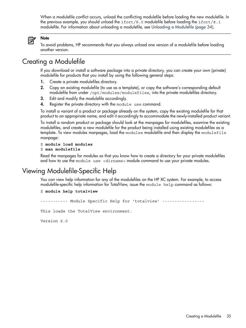 Creating a modulefile, Viewing modulefile-specific help | HP XC System 3.x Software User Manual | Page 35 / 118