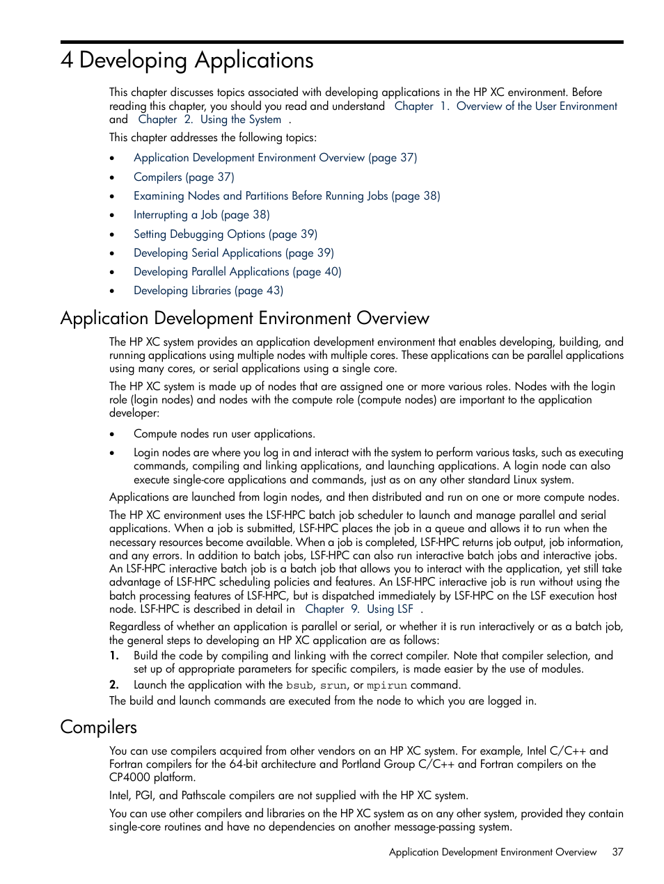 4 developing applications, Application development environment overview, Compilers | HP XC System 3.x Software User Manual | Page 37 / 118