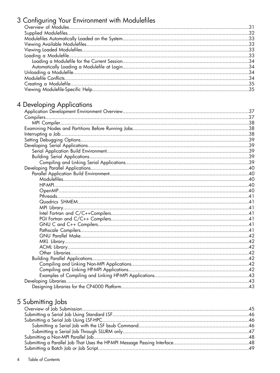 3 configuring your environment with modulefiles, 4 developing applications, 5 submitting jobs | HP XC System 3.x Software User Manual | Page 4 / 118