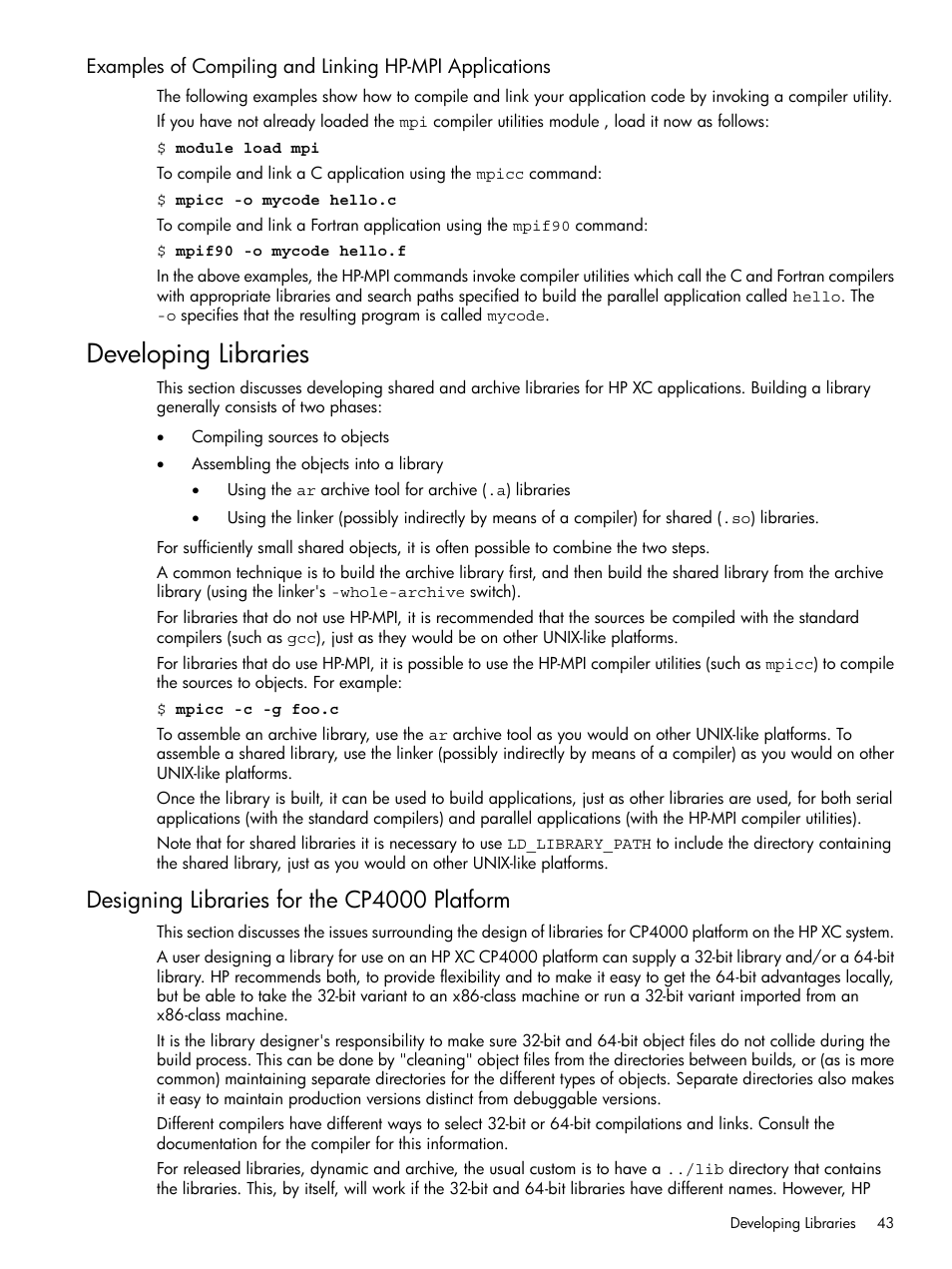 Developing libraries, Designing libraries for the cp4000 platform | HP XC System 3.x Software User Manual | Page 43 / 118