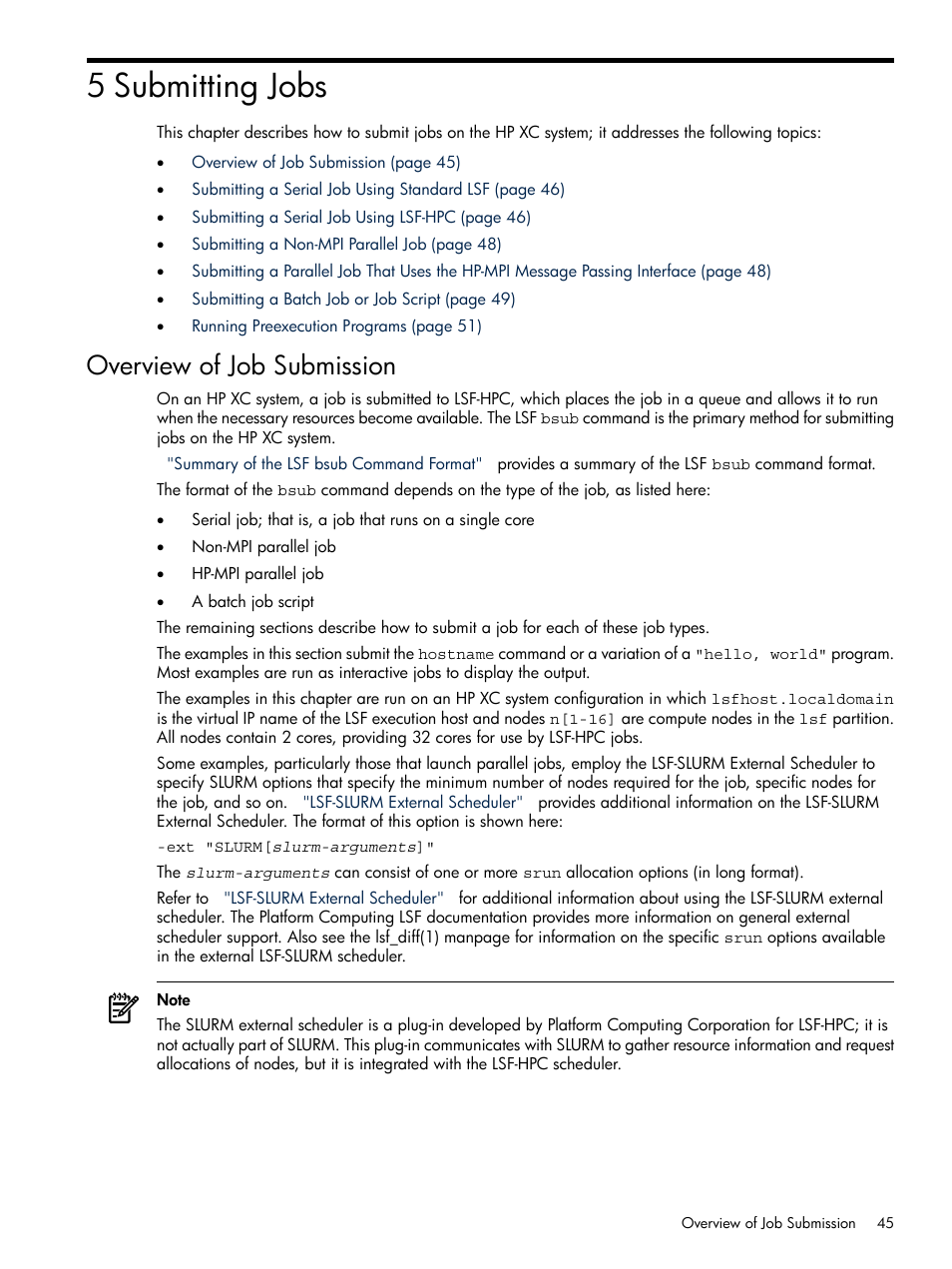 5 submitting jobs, Overview of job submission | HP XC System 3.x Software User Manual | Page 45 / 118