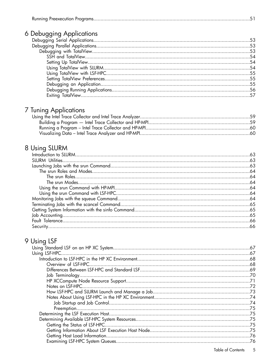 6 debugging applications, 7 tuning applications, 8 using slurm | 9 using lsf | HP XC System 3.x Software User Manual | Page 5 / 118
