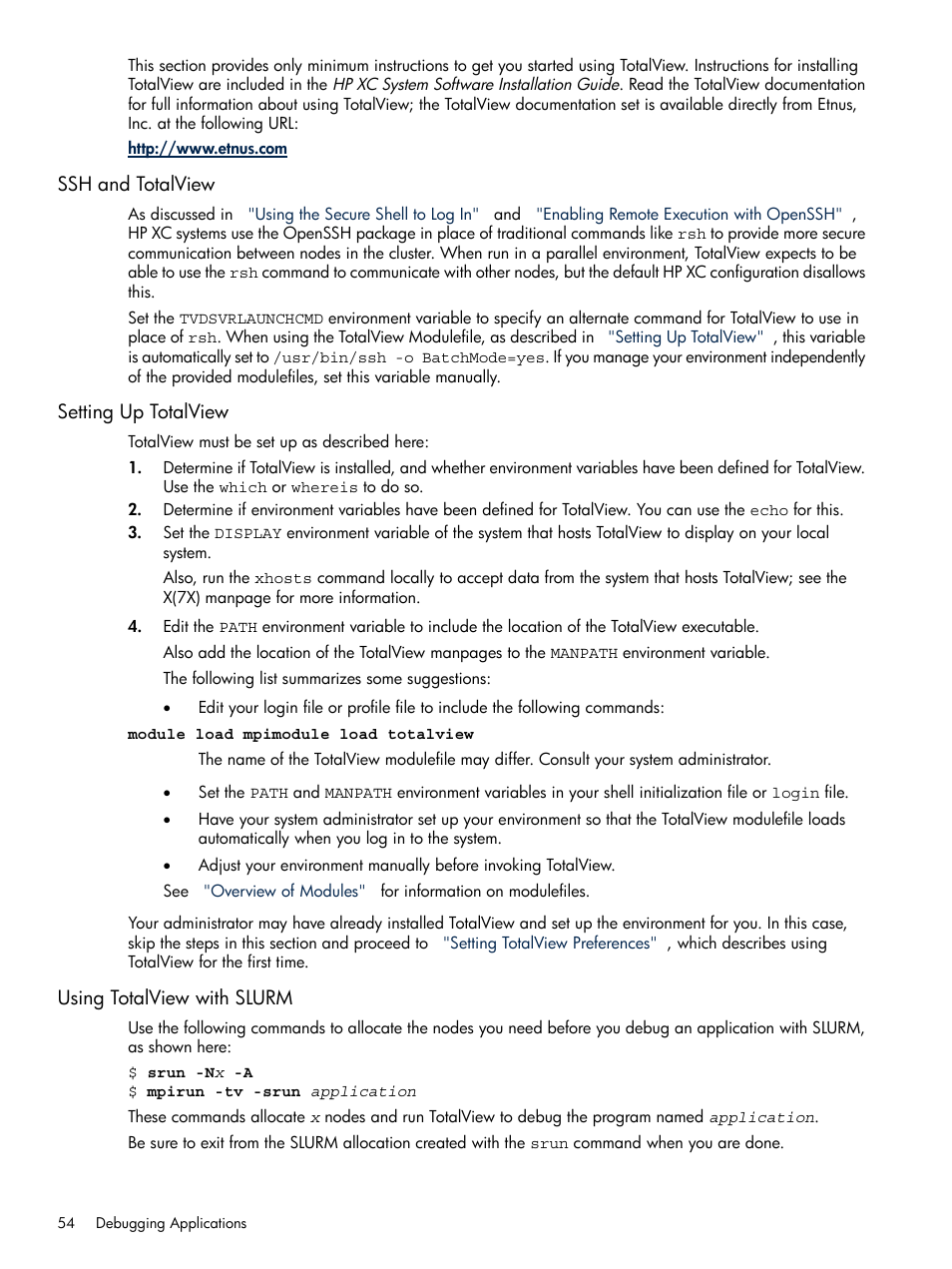 Ssh and totalview, Setting up totalview, Using totalview with slurm | HP XC System 3.x Software User Manual | Page 54 / 118