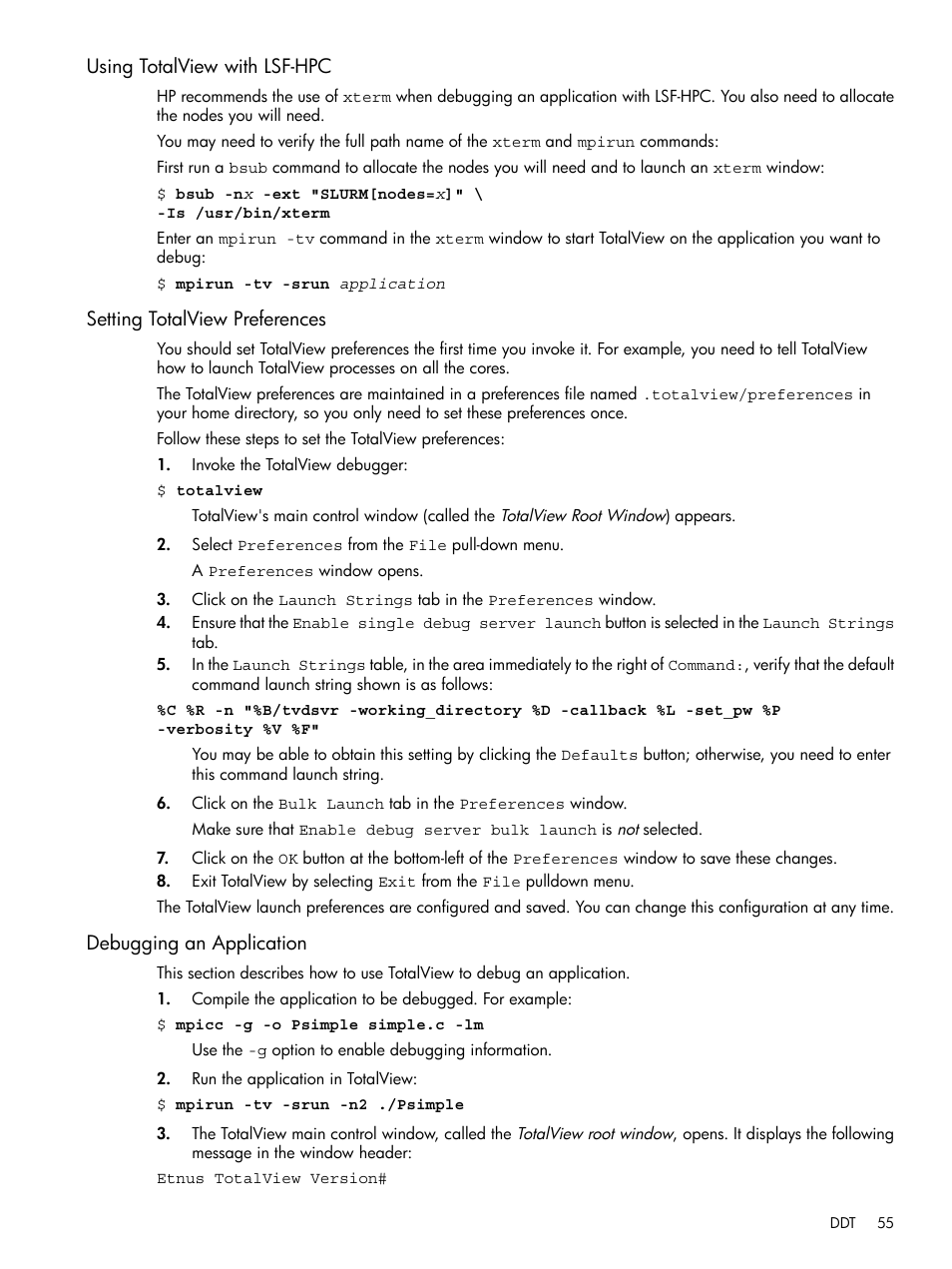 Using totalview with lsf-hpc, Setting totalview preferences, Debugging an application | HP XC System 3.x Software User Manual | Page 55 / 118